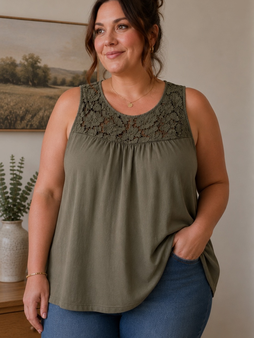 Torrid Olive Green Lace Yoke Tank Top 3X 22 24 Romantic Earthy Prairie Plus Size